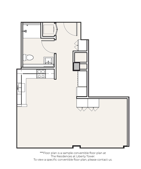 A floor plan of a residential building is shown with a note indicating it is a sample convertible floor plan at The Residences at Liberty Tower.